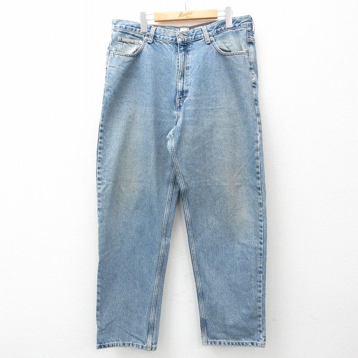 W36★古着 カルバンクライン Calvin Klein ジーンズ メンズ ヒゲ テーパード コットン 紺 ネイビー デニム 25jun21 中古 ボトムス ジーパン Gパン ロング パンツ