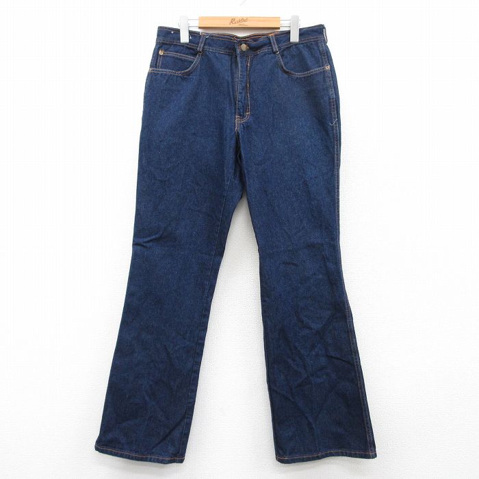 W32★古着 ジーンズ メンズ フレア コットン 濃紺 ネイビー デニム 25jun24 中古 ボトムス ジーパン Gパン ロング パンツ