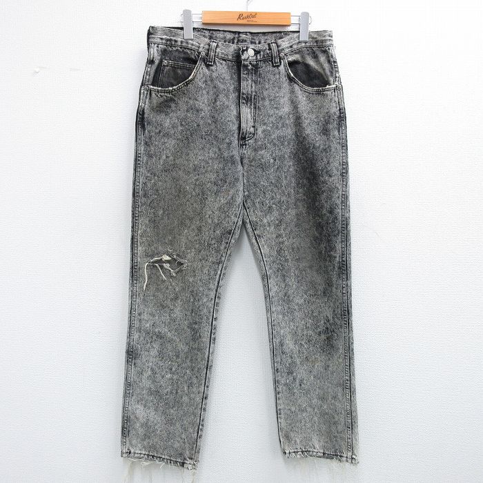 W34★古着 ラングラー Wrangler ジーンズ メンズ 90年代 90s ケミカルウォッシュ テーパード コットン USA製 黒 ブラック デニム 25jul10 中古 ボトムス ジーパン Gパン ロング パンツ