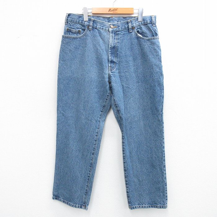 W35★古着 ジーンズ メンズ コットン 紺 ネイビー デニム 25jul14 中古 ボトムス ジーパン Gパン ロング パンツ