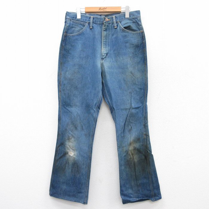 【20%OFF】W33★古着 ラングラー Wrangler ジーンズ メンズ 80年代 80s フレア 紺 ネイビー デニム 【spe】 25jul15 中古 ボトムス ジーパン Gパン ロング パンツ