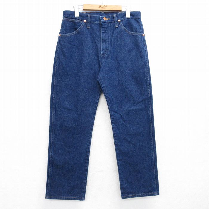 W33★古着 ラングラー Wrangler ジーンズ メンズ コットン 濃紺 ネイビー デニム 25jul16 中古 ボトムス ジーパン Gパン ロング パンツ