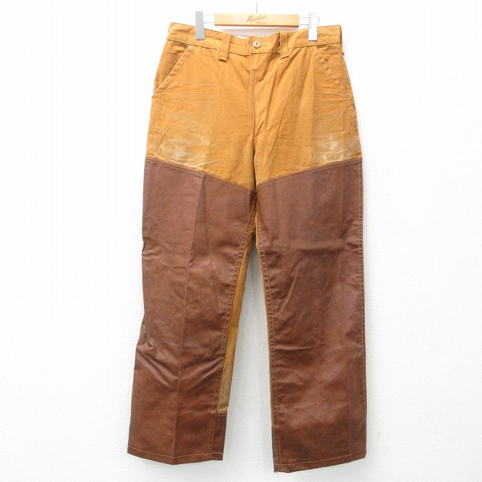 W33★古着 SAFTBAK ハンティング パンツ メンズ 80年代 80s ダック地 レザー使用 茶系 ブラウン 【spe】 25jul17 中古 ボトムス ロング