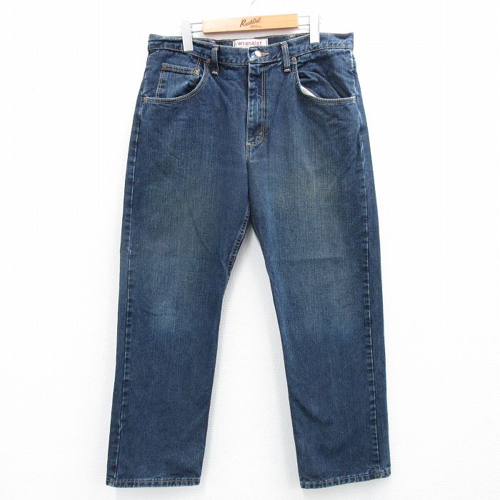 W34★古着 ラングラー Wrangler ジーンズ メンズ コットン 濃紺 ネイビー デニム 25jul18 中古 ボトムス ジーパン Gパン ロング パンツ