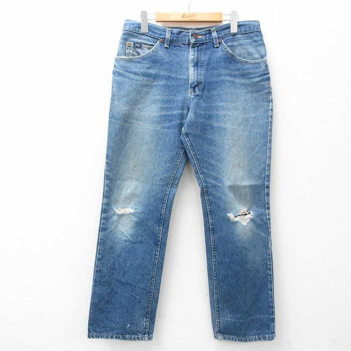 W33★古着 リー Lee ジーンズ メンズ 90年代 90s ヒゲ USA製 紺 ネイビー デニム 【spe】 25jul18 中古 ボトムス ジーパン Gパン ロング パンツ
