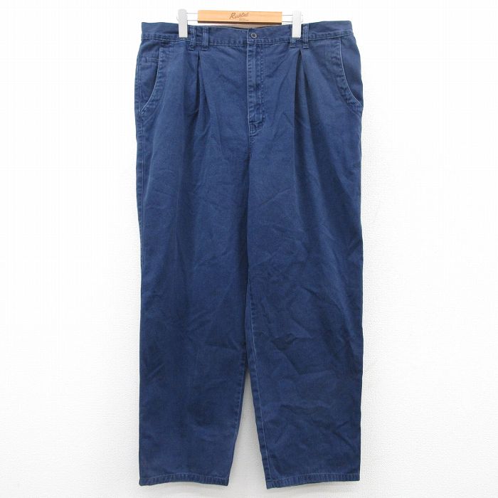 W40★古着 パンツ メンズ 大きいサイズ コットン 紺 ネイビー 25jul18 中古 ボトムス ロング