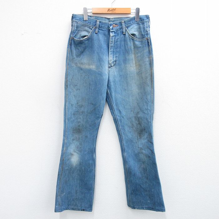 W33★古着 ラングラー Wrangler ジーンズ メンズ 80年代 80s フレア USA製 紺 ネイビー デニム 【spe】 25jul31 中古 ボトムス ジーパン Gパン ロング パンツ