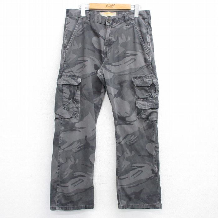 W32★古着 ラングラー Wrangler カーゴ パンツ メンズ コットン グレー 迷彩 25aug01 中古 ボトムス ロング