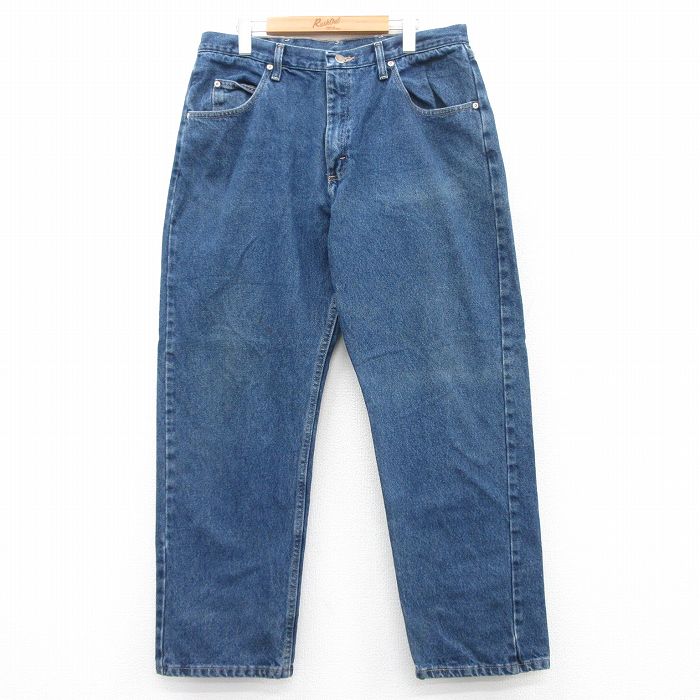 W34★古着 ラングラー Wrangler ジーンズ メンズ コットン 紺 ネイビー デニム 25aug04 中古 ボトムス ジーパン Gパン ロング パンツ