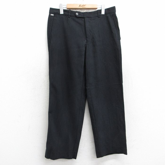 W34★古着 スラックス パンツ メンズ シルク 黒 ブラック 25aug05 中古 ボトムス ロング