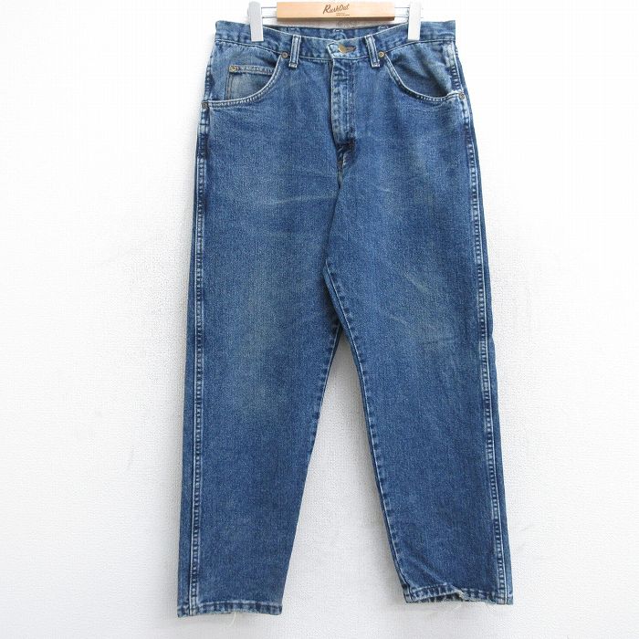 W32★古着 ラングラー Wrangler ジーンズ メンズ 90年代 90s ヒゲ テーパード コットン USA製 紺 ネイビー デニム 【spe】 25aug13 中古 ボトムス ジーパン Gパン ロング パンツ