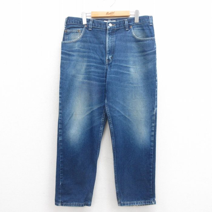 W36★古着 ジーンズ メンズ ヒゲ コットン 濃紺 ネイビー デニム 25aug13 中古 ボトムス ジーパン Gパン ロング パンツ