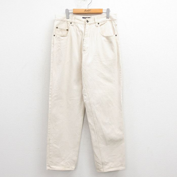 W34★古着 ジーンズ メンズ コットン 薄ベージュ カーキ デニム 25aug18 中古 ボトムス ジーパン Gパン ロング パンツ