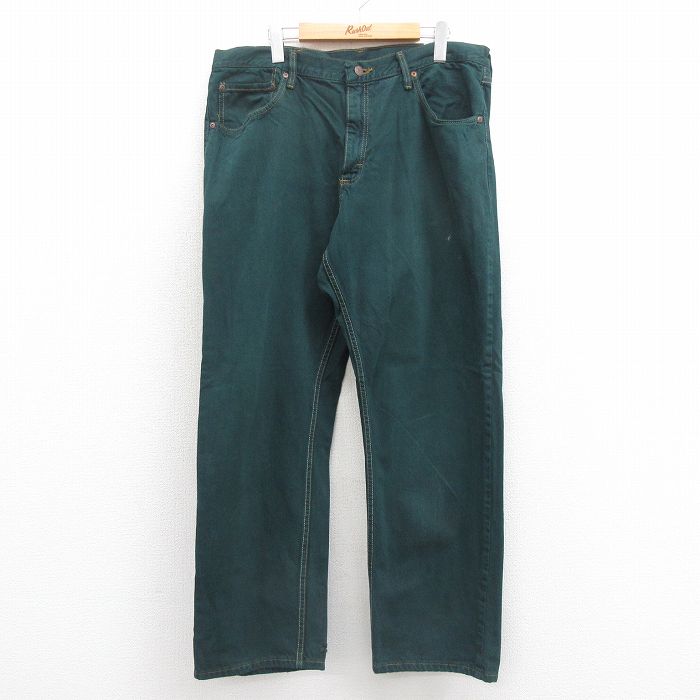 W37★古着 ラングラー Wrangler ジーンズ メンズ コットン 緑 グリーン デニム 25aug19 中古 ボトムス ジーパン Gパン ロング パンツ