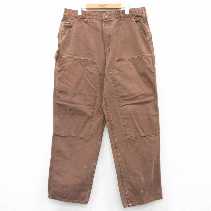 W36★古着 ペインター パンツ メンズ ダブルニー ダック地 コットン 茶 ブラウン 25aug21 中古 ボトムス ロング