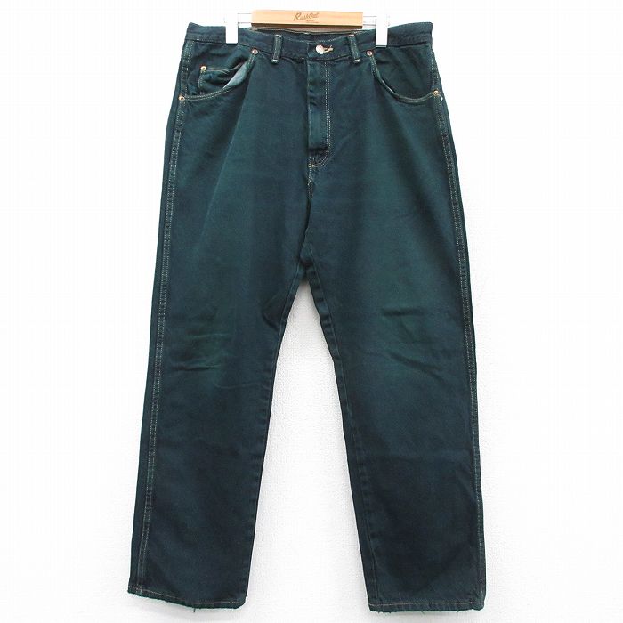 W37★古着 ラングラー Wrangler ジーンズ メンズ コットン 濃緑 グリーン デニム 25sep06 中古 ボトムス ジーパン Gパン ロング パンツ