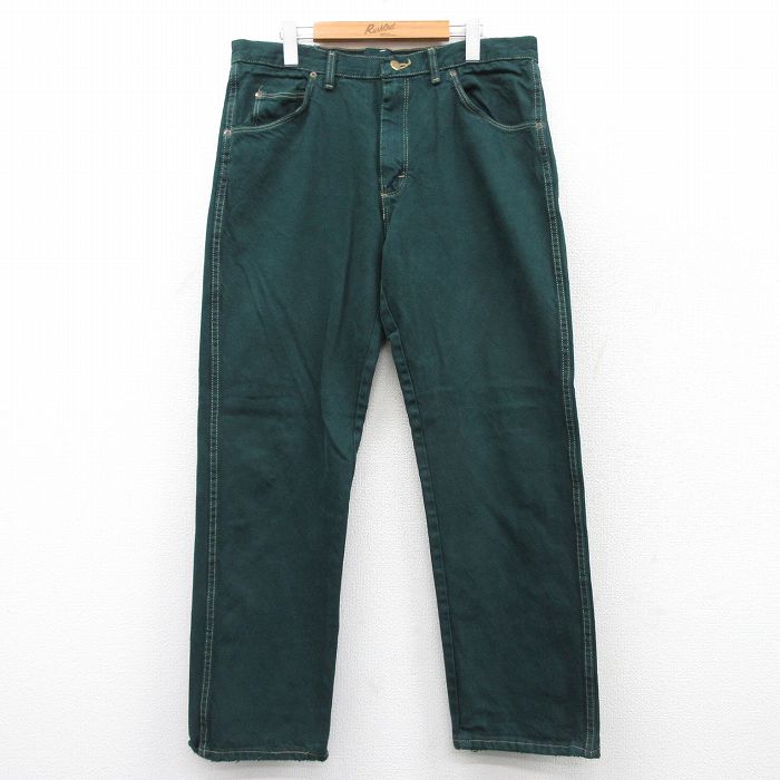 W35★古着 ラングラー Wrangler ジーンズ メンズ コットン 濃緑 グリーン デニム 25sep06 中古 ボトムス ジーパン Gパン ロング パンツ