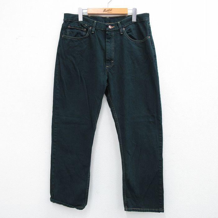 W36★古着 ラングラー Wrangler ジーンズ メンズ コットン 濃緑 グリーン デニム 25sep06 中古 ボトムス ジーパン Gパン ロング パンツ
