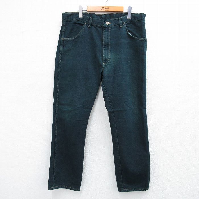 W38★古着 ラングラー Wrangler ジーンズ メンズ 濃緑 グリーン デニム 25sep06 中古 ボトムス ジーパン Gパン ロング パンツ