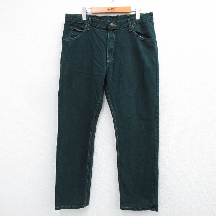 W36★古着 ラングラー Wrangler ジーンズ メンズ コットン 濃緑 グリーン デニム 25sep06 中古 ボトムス ジーパン Gパン ロング パンツ