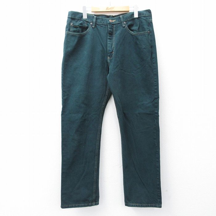W36★古着 ラングラー Wrangler ジーンズ メンズ コットン 濃緑 グリーン デニム 25sep06 中古 ボトムス ジーパン Gパン ロング パンツ
