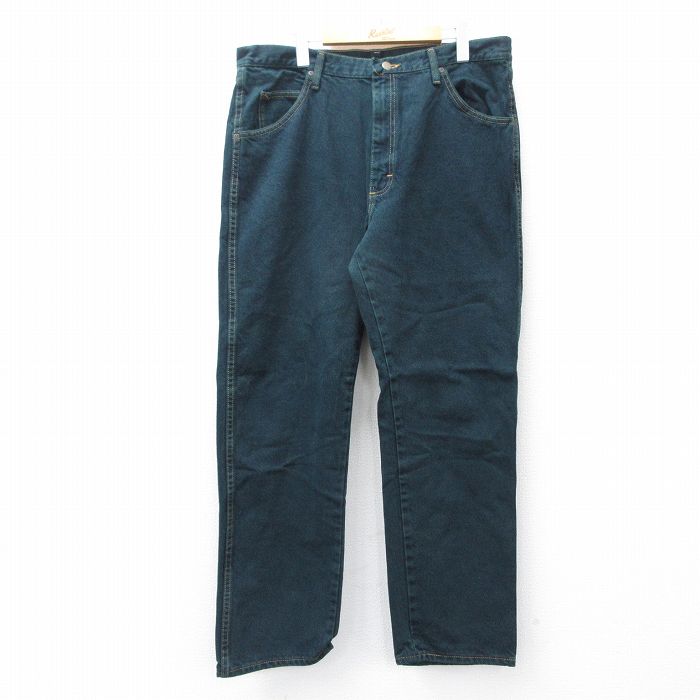 W36★古着 ラングラー Wrangler ジーンズ メンズ コットン 濃緑 グリーン デニム 【spe】 25sep06 中古 ボトムス ジーパン Gパン ロング パンツ