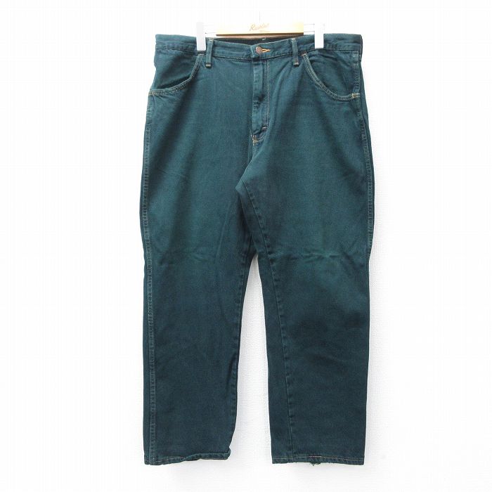 W38★古着 ラスラー ジーンズ メンズ コットン 濃緑 グリーン デニム 25sep06 中古 ボトムス ジーパン Gパン ロング パンツ