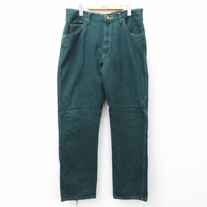 W36★古着 ラングラー Wrangler ジーンズ メンズ コットン 濃緑 グリーン デニム 25sep06 中古 ボトムス ジーパン Gパン ロング パンツ