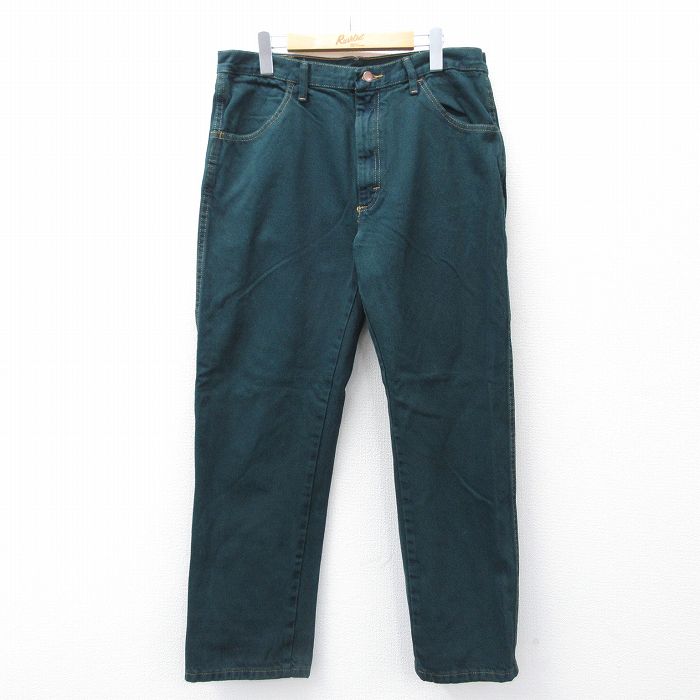 W35★古着 ラスラー ジーンズ メンズ コットン 緑 グリーン デニム 25sep08 中古 ボトムス ジーパン Gパン ロング パンツ