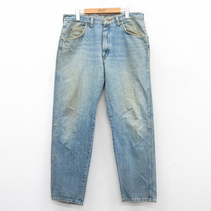 W36★古着 ラングラー Wrangler ジーンズ メンズ 90年代 90s ヒゲ コットン USA製 紺 ネイビー デニム 25sep09 中古 ボトムス ジーパン Gパン ロング パンツ