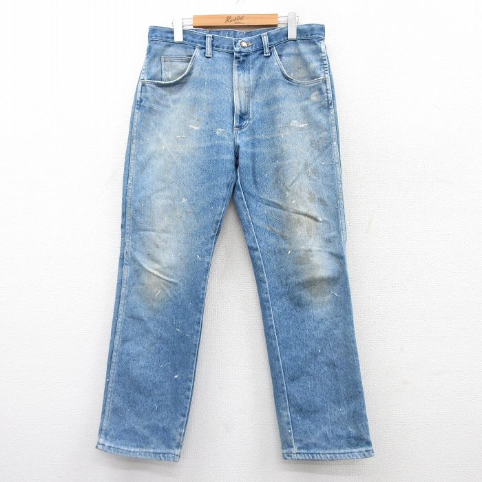 W33★古着 ラングラー Wrangler ジーンズ メンズ 90年代 90s ヒゲ USA製 紺 ネイビー デニム 【spe】 25sep10 中古 ボトムス ジーパン Gパン ロング パンツ