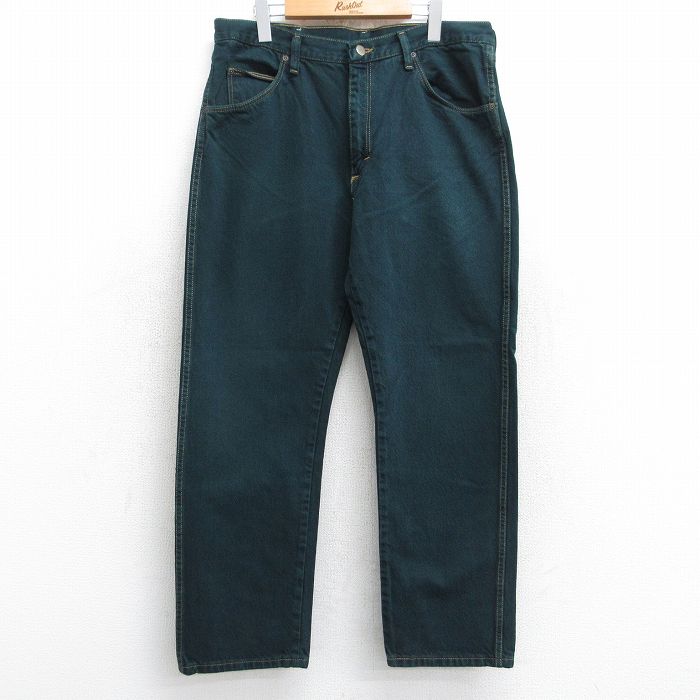 W35★古着 ラングラー Wrangler ジーンズ メンズ コットン 濃緑 グリーン デニム 【spe】 25sep12 中古 ボトムス ジーパン Gパン ロング パンツ