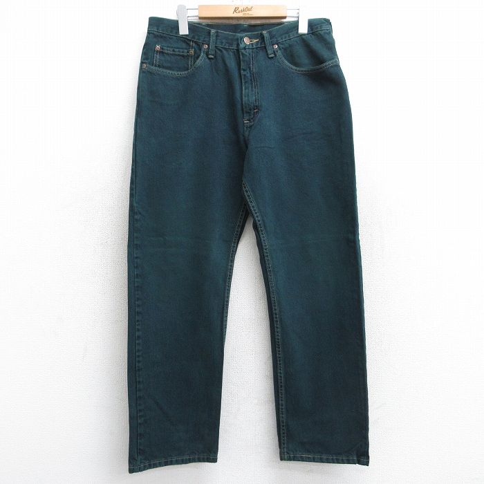W33★古着 ラングラー Wrangler ジーンズ メンズ コットン 濃緑 グリーン デニム 25sep12 中古 ボトムス ジーパン Gパン ロング パンツ