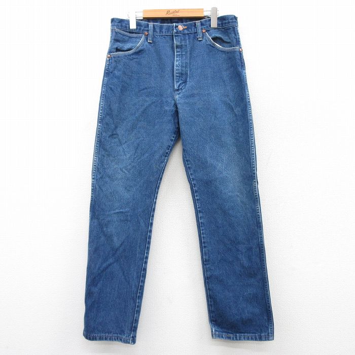 W35★古着 ラングラー Wrangler ジーンズ メンズ コットン 紺 ネイビー デニム 25sep18 中古 ボトムス ジーパン Gパン ロング パンツ