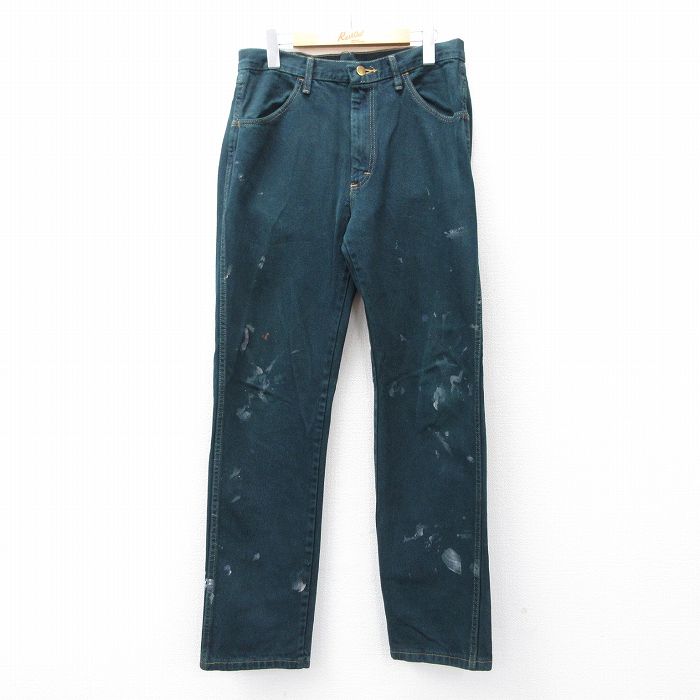 W32★古着 ラスラー ジーンズ メンズ コットン 緑 グリーン デニム 25sep22 中古 ボトムス ジーパン Gパン ロング パンツ