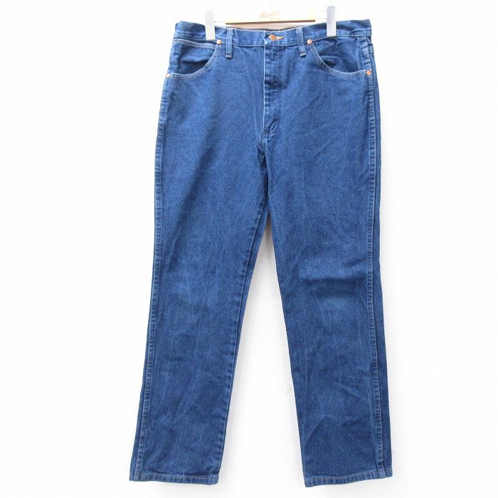 W35★古着 ラングラー Wrangler ジーンズ メンズ コットン 紺 ネイビー デニム 25sep22 中古 ボトムス ジーパン Gパン ロング パンツ