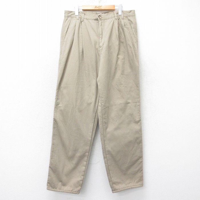 W34★古着 パンツ メンズ コットン ベージュ カーキ 内側フリース 25sep24 中古 ボトムス ロング