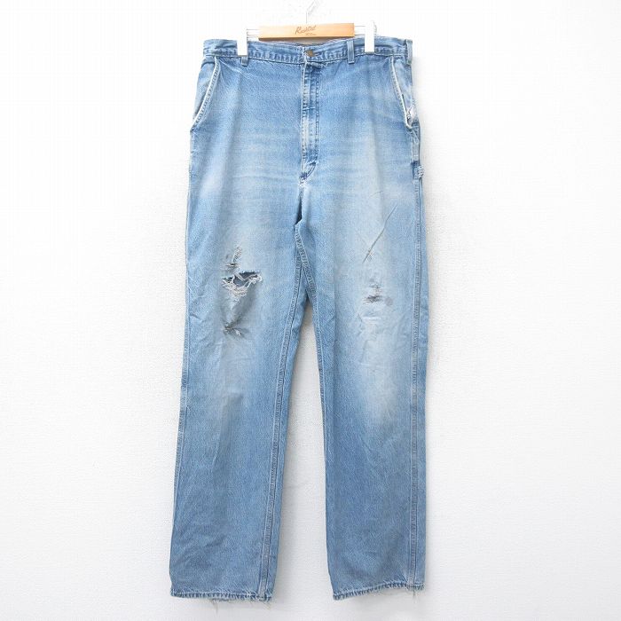 W34★古着 オシュコシュ OSHKOSH ペインター パンツ メンズ 80年代 80s ボロ ヒゲ コットン タロン 薄紺 ネイビー デニム 25sep24 中古 ボトムス ロング
