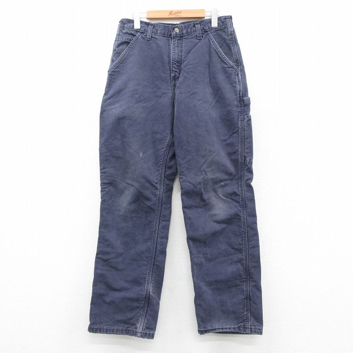 W30★古着 カーハート Carhartt ペインター パンツ メンズ ダック地 コットン 紺 ネイビー 内側フランネル 25sep27 中古 ボトムス ロング