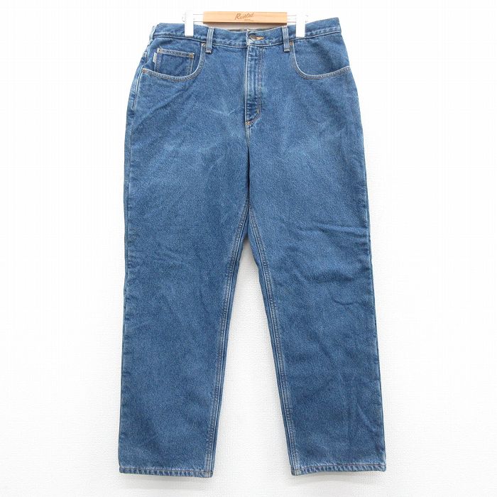 W36★古着 カーハート Carhartt ジーンズ メンズ コットン 紺 ネイビー デニム 内側フリース 25sep27 中古 ボトムス ジーパン Gパン ロング パンツ