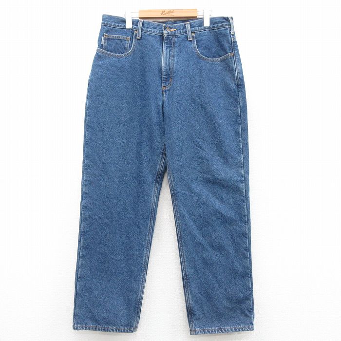 W36★古着 カーハート Carhartt ジーンズ メンズ コットン 紺 ネイビー デニム 内側フリース 25sep27 中古 ボトムス ジーパン Gパン ロング パンツ