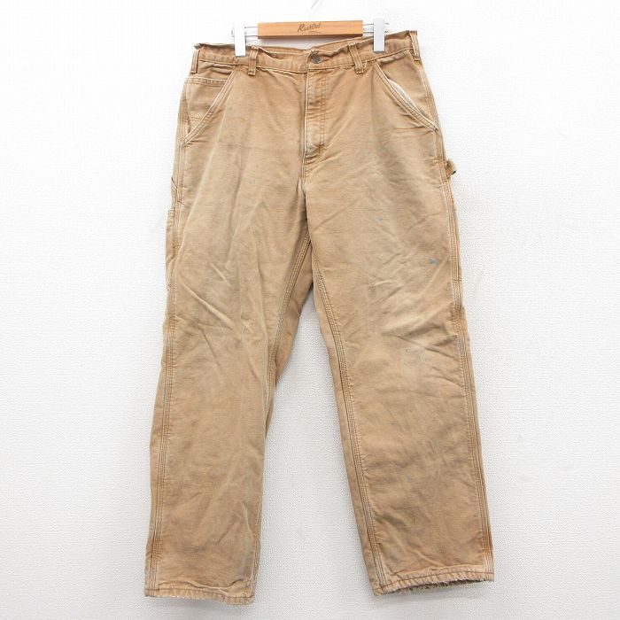 W34★古着 カーハート Carhartt ペインター パンツ メンズ ダック地 コットン ベージュ系 カーキ 内側フランネル 25sep27 中古 ボトムス ロング