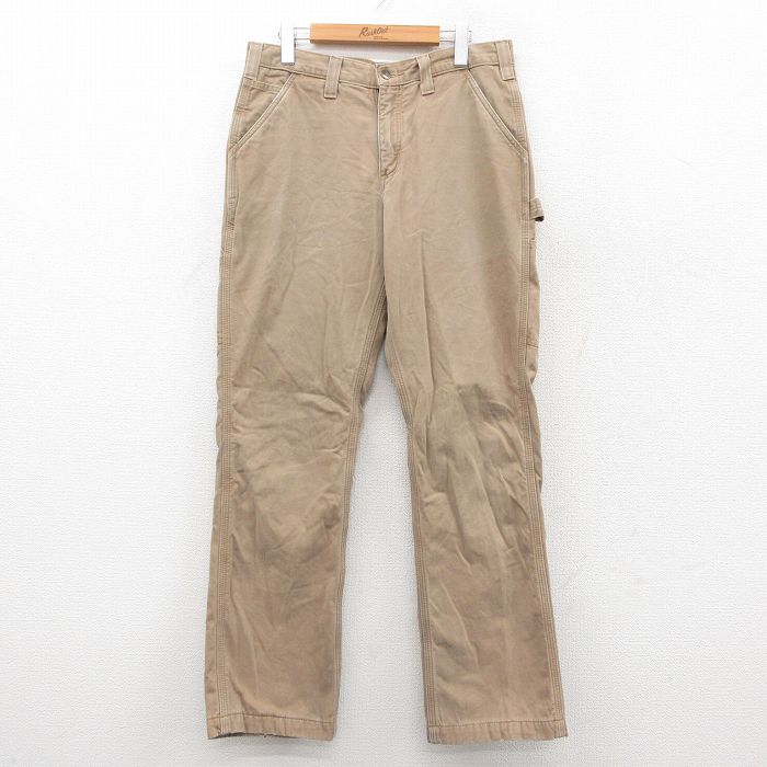 W32★古着 カーハート Carhartt ペインター パンツ メンズ ダック地 コットン ベージュ カーキ 内側フランネル 25sep27 中古 ボトムス ロング