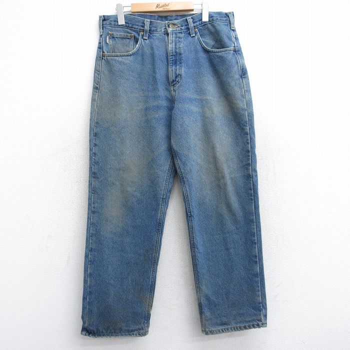 W34★古着 カーハート Carhartt ジーンズ メンズ ワンポイントロゴ コットン 紺 ネイビー デニム 内側フランネル 25sep27 中古 ボトムス ジーパン Gパン ロング パンツ