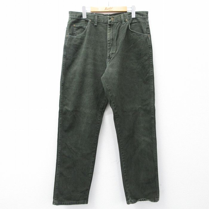 W35★古着 ラングラー Wrangler ジーンズ メンズ 90年代 90s コットン USA製 濃緑 グリーン デニム 【spe】 25sep27 中古 ボトムス ジーパン Gパン ロング パンツ