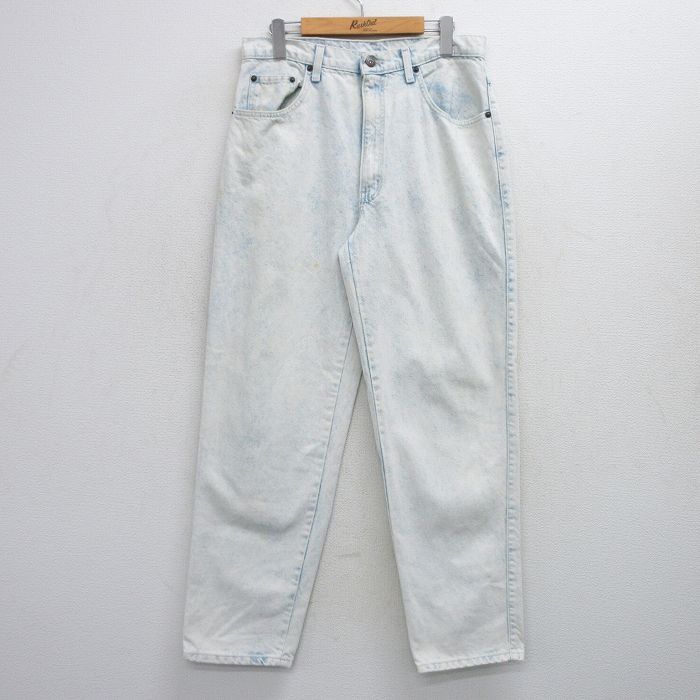 W32★古着 ジーンズ メンズ 90年代 90s ケミカルウォッシュ テーパード コットン USA製 薄紺 ネイビー デニム 25oct02 中古 ボトムス ジーパン Gパン ロング パンツ