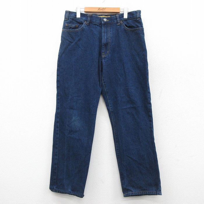 W34★古着 ジーンズ メンズ コットン 濃紺 ネイビー デニム 25oct02 中古 ボトムス ジーパン Gパン ロング パンツ