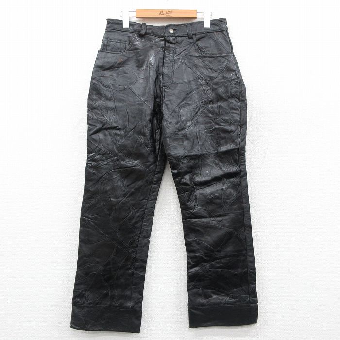 W31★古着 レザー パンツ メンズ 黒 ブラック 25oct03 中古 ボトムス ロング