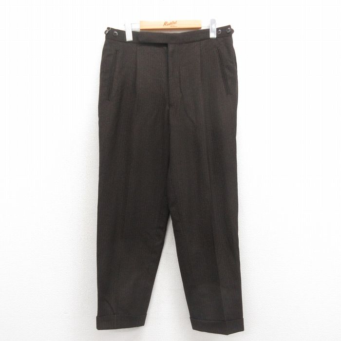 W32★古着 スラックス パンツ メンズ 70年代 70s ウール こげ茶他 ブラウン ストライプ 25oct18 中古 ボトムス ロング