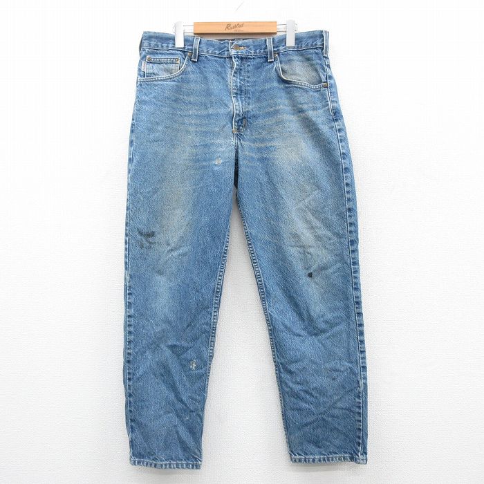 W35★古着 カーハート Carhartt ジーンズ メンズ ヒゲ コットン 紺 ネイビー デニム 25oct22 中古 ボトムス ジーパン Gパン ロング パンツ